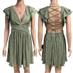 NWT✨ | Lulus | Captivating Delight Sage Green Plisse Satin Lace-Up Mini Dress